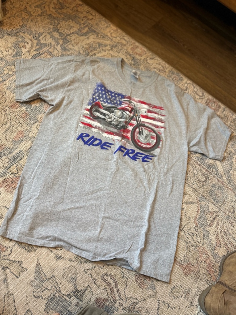 Gray Short Sleeve Tee with American Flag and Motorcycle Graphic